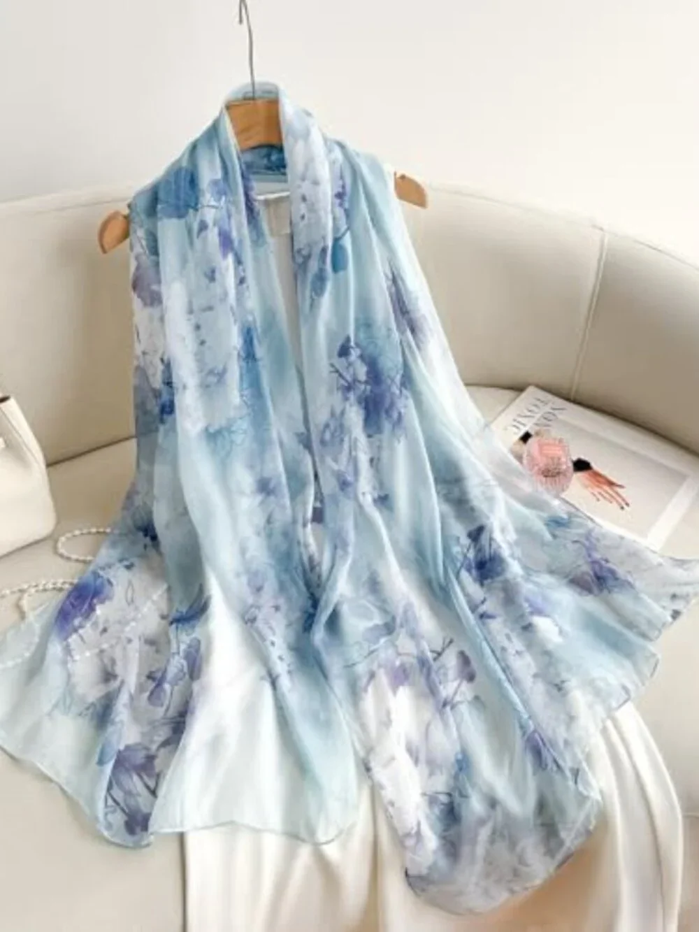 Luxurious 100% Mulberry Silk Floral Scarf, Lightweight 69'' x 43'' Shawl Wrap